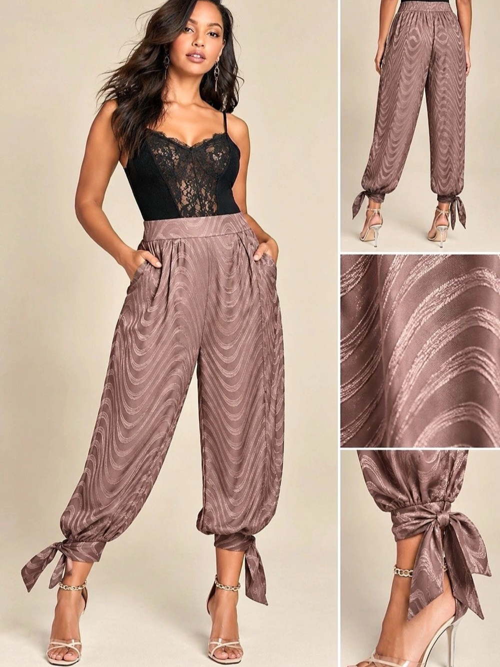 VENUS Chiffon Tie Ankle Jogger Pants Brown Mauve Size M
